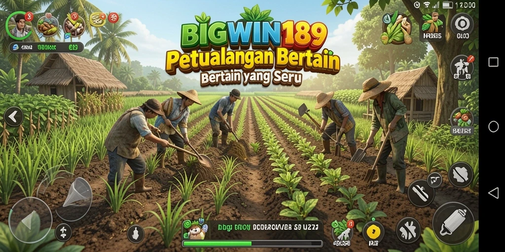 Screenshot gameplay BIGWIN189 menunjukkan lahan pertanian yang subur dan berwarna-warni.