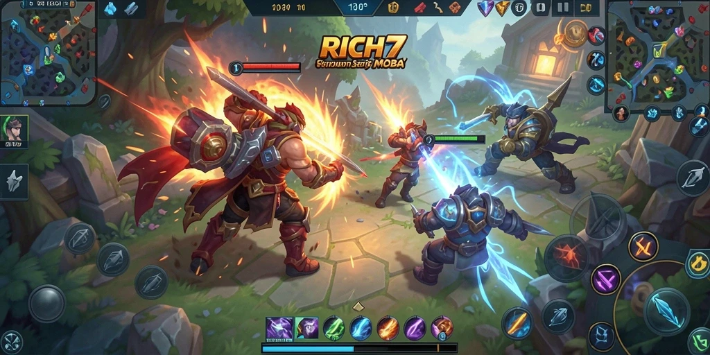 Gameplay seru RICH7 saat pertarungan MOBA intens.